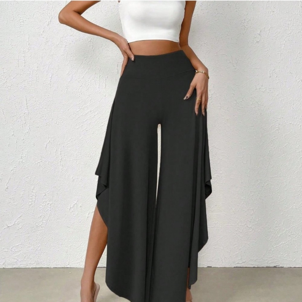 Black Preppy Womens High Waist Asymmetrical Hem Wide Leg Pants